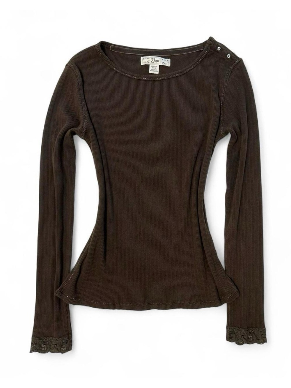 Y2K 2000s Gap Coquette Cottagecore Brown Ribbed Long Sleeve Top with Lace Cuffs